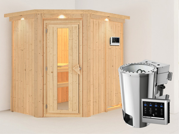 Systeemsauna Saja met dakkraag, energiebesparende deur + Plug & Play Bio-kachel met ext. besturing