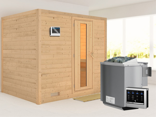 Massieve sauna Sonara houten deur met geïsoleerd glas, incl. 9 kW Bio-Combi-kachel ext. besturing