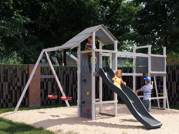 Speeltoren Smart 5 Bridge grijs-wit incl. glijbaan grijs