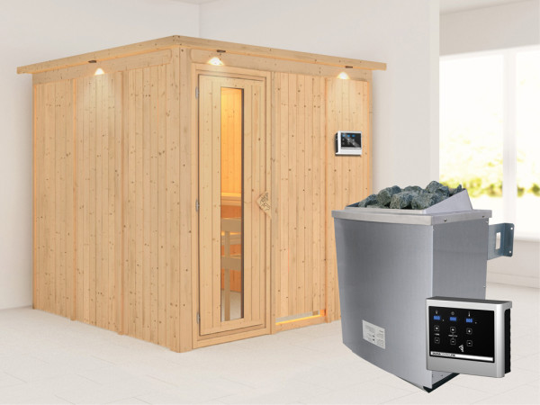 Systeemsauna Rodin met dakkraag houten deur met geïsoleerd glas incl. 9kW saunakachel ext. besturing