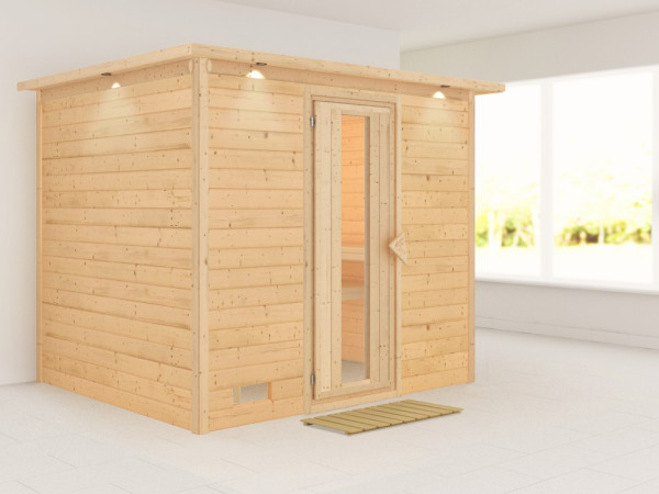 Massieve sauna Sonara met dakkraag, houten deur met geïsoleerd glas