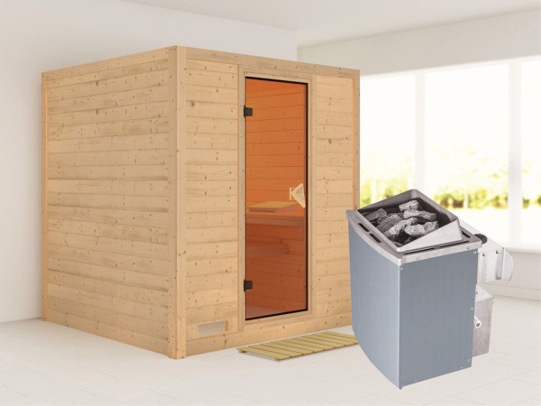 Massieve sauna Mojave kompleet transparente gebronsde glazen deur, incl. 9 kW kachel int. besturing