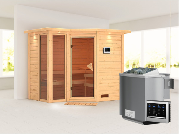 Massieve sauna Amara met dakkraag incl. 9 kW Bio-Combi-kachel ext. besturing