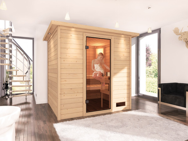 Massieve sauna Anja met dakkraag, kompleet transparente gebronsde glazen deur