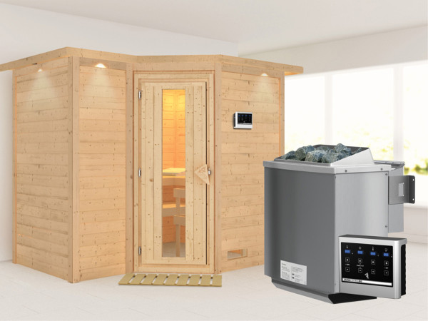 Massieve sauna Sahib 2 met dakkraag, houten deur met geïsoleerd glas, incl. 9kW Bio-kachel