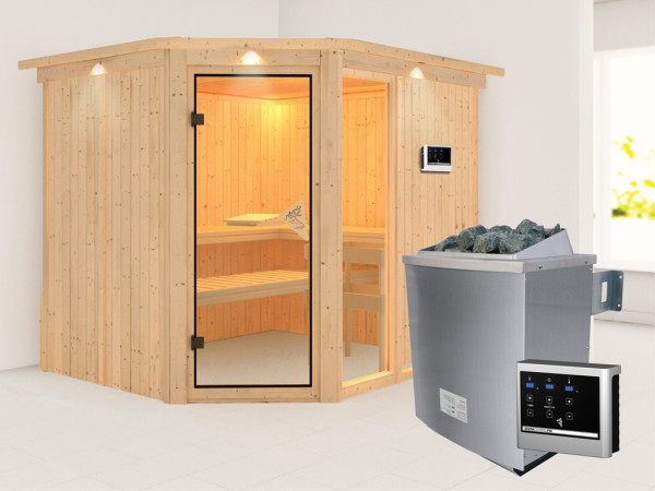 Systeemsauna Fiona 3 met dakkraag, incl. 9 kW saunakachel ext. besturing