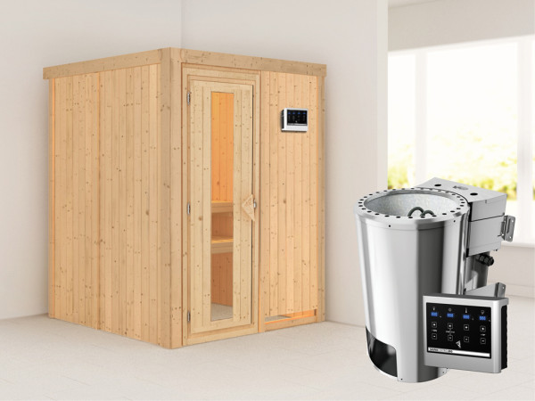 Systeemsauna Minja energiebesparende deur + Plug & Play Bio-kachel met ext. besturing