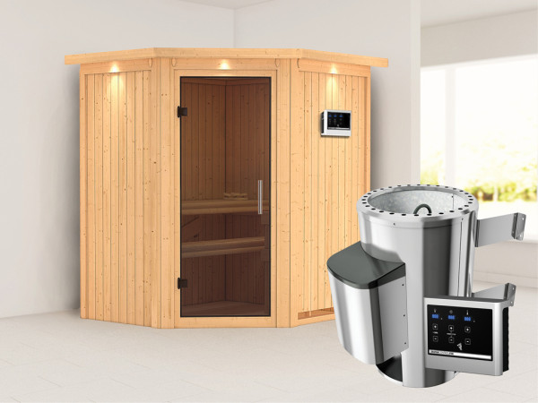 Systeemsauna Tonja met dakkraag, grafiet glazen deur + Plug & Play saunakachel met ext. besturing