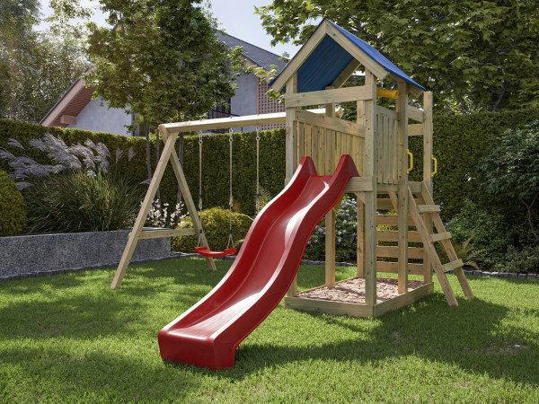 Geïmpregneerde speeltoren "Speedy" met dubbele schommel, incl. rode glijbaan en rode schommelzitjes