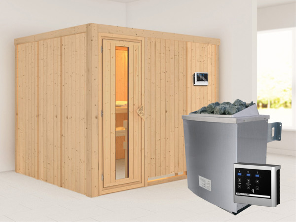 Systeemsauna Gobin houten deur met geïsoleerd glas, incl. 9 kW saunakachel ext. besturing