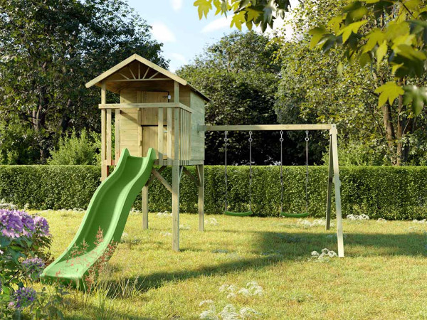 Geïmpregneerd houten speelhuisje op palen Tree Hut incl. dubbele schommel en groene glijbaan
