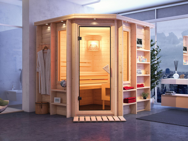 Massieve sauna Cortona met dakkraag, incl. 9 kW Bio-Combi-kachel ext. besturing