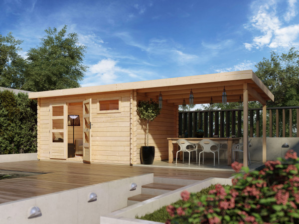 Blokhut tuinhuis SET Bastrup 8 28 mm natuurlijke afwerking, incl. 3,0 m lessenaarsdak