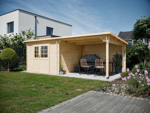 Tuinhuis blokhut CA2977 28 mm naturel met 3 m aanbouw