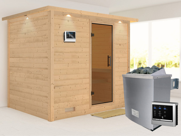Massieve sauna Sonara met dakkraag, grafiet glazen deur, incl. 9 kW saunakachel ext. besturing