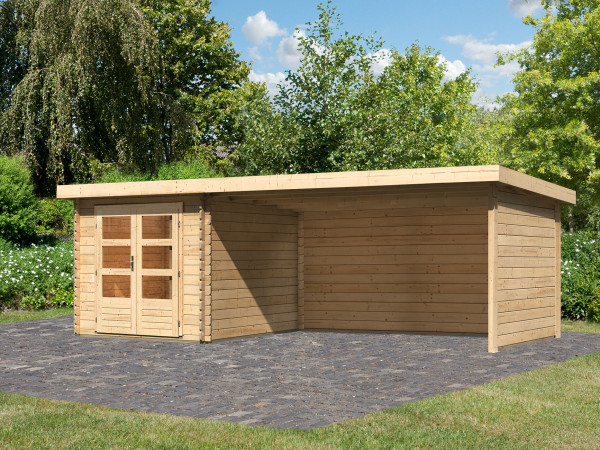 Tuinhuisje blokhut SET Bastrup 4 28 mm natuurlijke afwerking, incl. 4 m aanbouwdak + zij--achterwand
