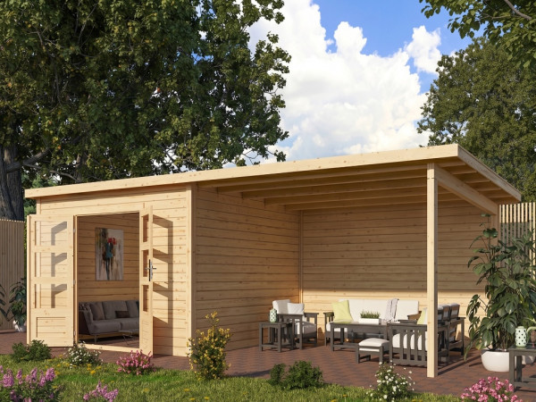 Tuinhuis Wacken 8 28 mm terragrijs incl. 4 m aanbouw + achterwand