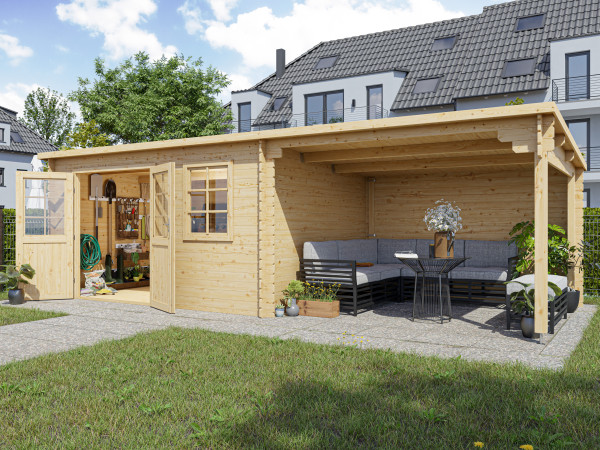Tuinhuis blokhut CA2987 28 mm onbehandeld met 3 m aanbouw