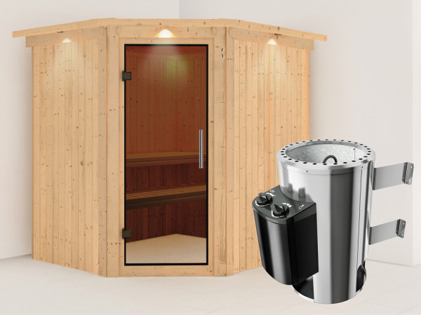 Systeemsauna Lilja met dakkraag, grafiet glazen deur + Plug & Play saunakachel met besturing