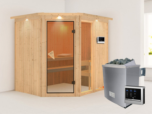 Systeemsauna Fiona 2 met dakkraag, incl. 9 kW saunakachel ext. besturing