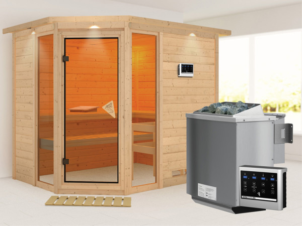Massieve sauna Sinai 3 met dakkraag, incl. 9 kW Bio-Combi-kachel ext. besturing