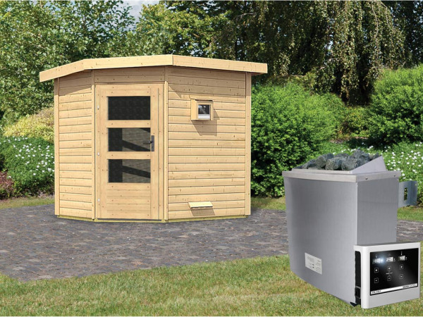 Saunahuis Mikka met transparente glazen deur, incl. 9 kW saunakachel met ext. besturing