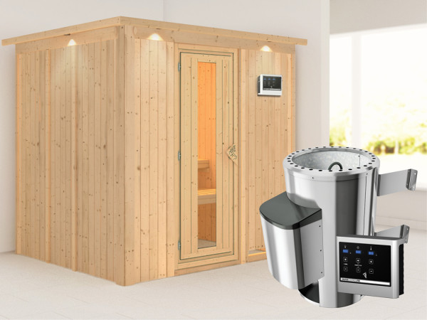 Systeemsauna Daria met dakkraag, energiebesparende deur + Plug & Play saunakachel met ext.besturing