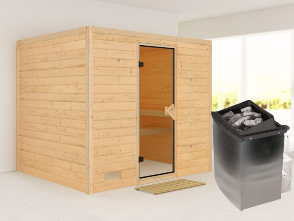 Massieve sauna Sonara kompleet transparente gebronsde glazen deur, incl. 9 kW kachel ext. besturing