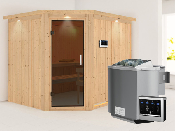 Systeemsauna Malin met dakkraag, grafiet glazen deur, incl. 9 kW Bio-Combi-kachel ext. besturing