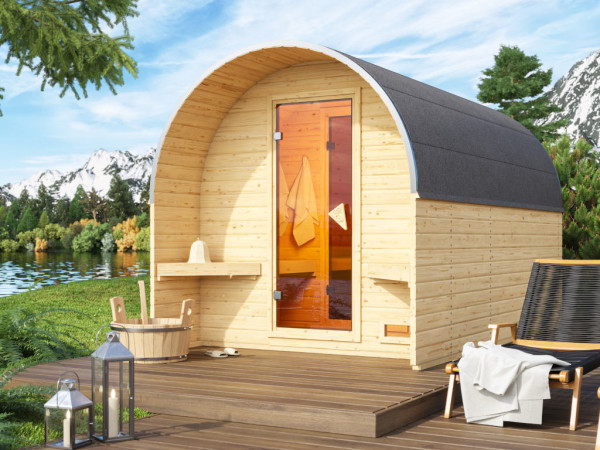 Barrel sauna 3 met voorkamer 38 mm blank hout