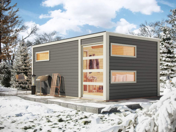 Saunahuis Hygge grijs met Schiebetür & voorkamer, incl. 9 kW Bio-Combi-kachel met ext. besturing