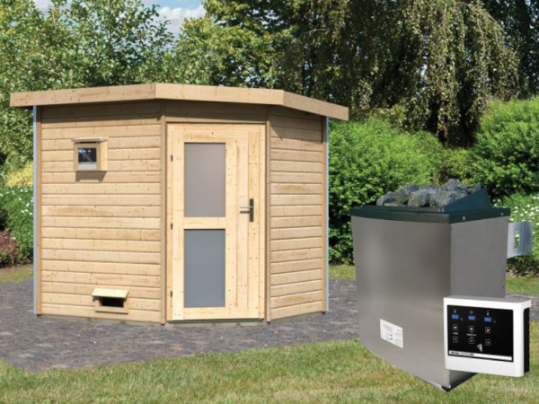 Saunahuis Mikka met matglazen deur, incl. 9 kW Bio-Combi-kachel met ext. besturing