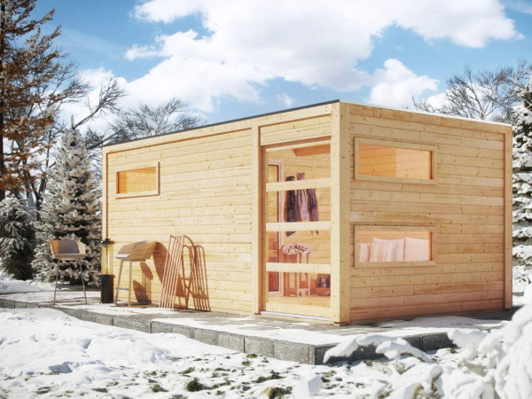 Saunahuis Hygge met Schiebetür & voorkamer, incl. 9 kW saunakachel met ext. besturing