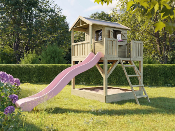 Geïmpregneerd houten speelhuisje op palen Funny XXL met zandbak incl. roze glijbaan