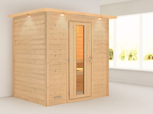 Massieve sauna Sonja met dakkraag, incl. 4,5 kW kachel met int. besturing