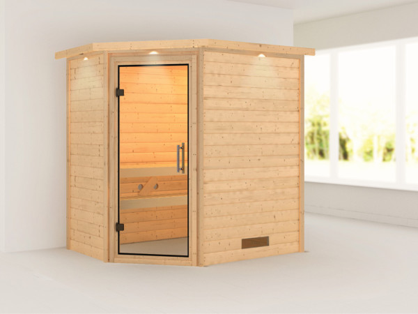 Massieve sauna Svea met dakkraag, transparent glazen deur