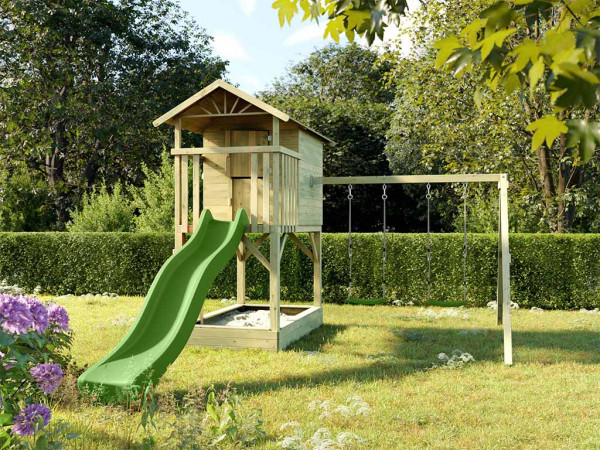 Geïmpregneerd houten speelhuisje op palen Tree Hut met zandbak incl. dubbele schommel en groene glij