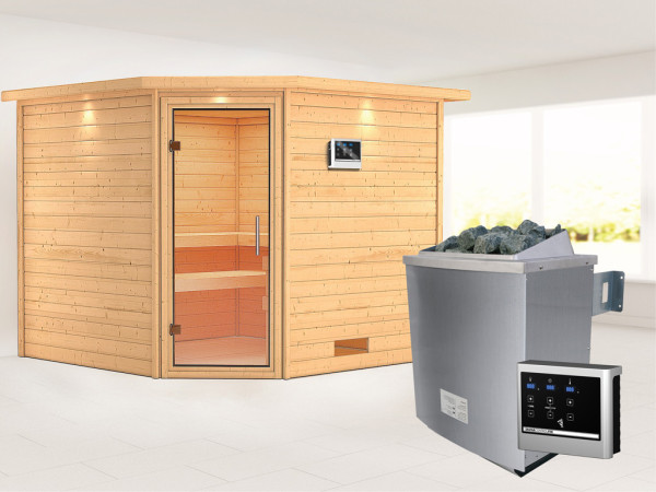 Massieve sauna Leona met dakkraag, transparent glazen deur + 9 kW saunakachel met ext. besturing