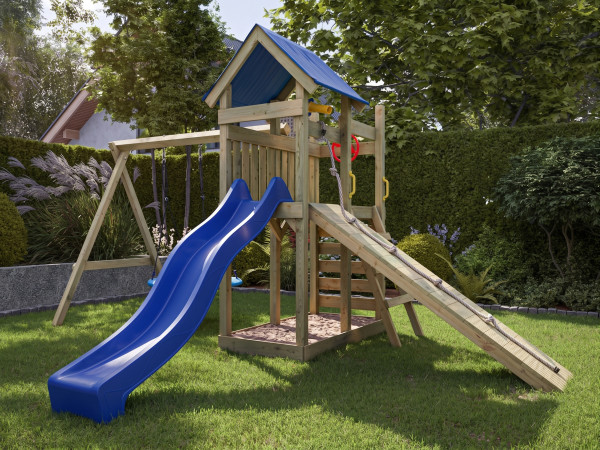 Geïmpregneerd houten speeltoren Hefty incl. dubbele schommel, blauwe glijbaan + nestschommel