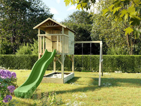 Geïmpregneerd speelhuisje op palen "Tree Hut" met zandbak incl. enkele schommel en groene glijbaan
