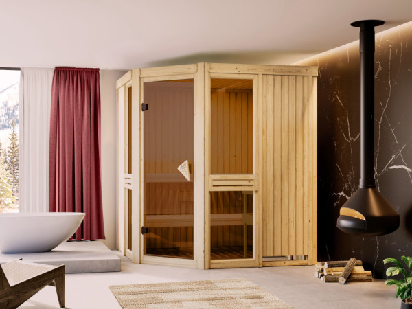 Sauna Amelia 2, onbehandeld, met bronsgetinte volledig glazen deur