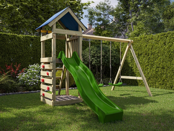 Geïmpregneerde speeltoren Easy met dubbele schommel en groene glijbaan, incl. groene schommelzitjes