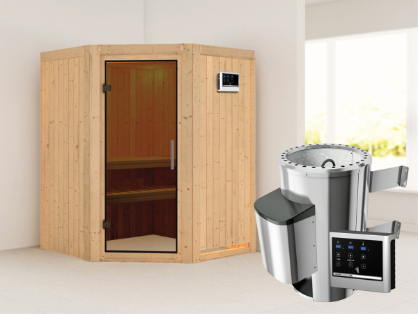 Systeemsauna Nanja grafiet glazen deur + Plug & Play saunakachel met ext. besturing