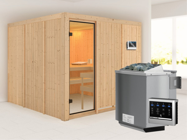 Sauna Arvika met gebronsde glazen deur + 9 kW Bio-Combi-kachel met ext. besturing