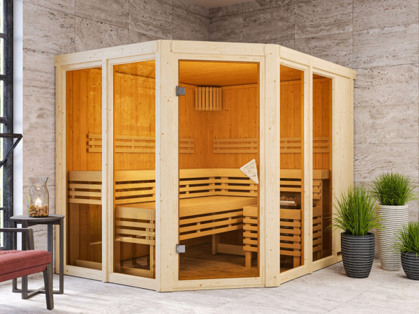 Sauna systeemsauna Premiumsauna Nuri spaarset incl. 9 kW saunakachel en bedieningsunit Fins