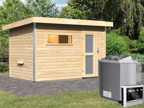 Saunahuis Skrollan 1 met matglazen deur & voorkamer, incl. 9 kW Bio-Combi-kachel met ext. besturing