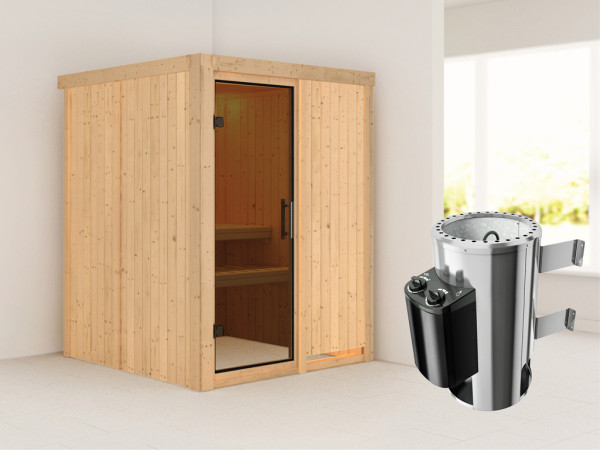 Systeemsauna Minja grafiet glazen deur + Plug & Play saunakachel met besturing