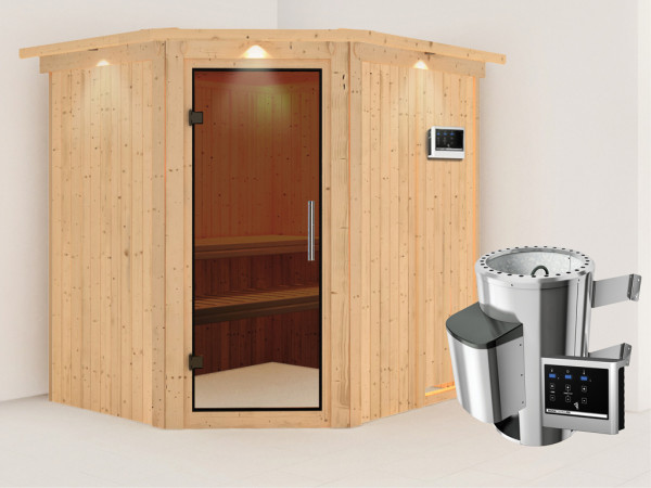 Systeemsauna Lilja met dakkraag, grafiet glazen deur + Plug & Play saunakachel met ext. besturing