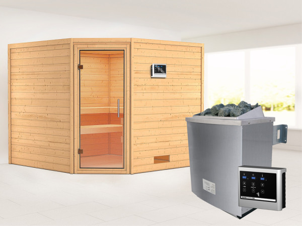 Massieve sauna Leona transparent glazen deur + 9 kW saunakachel met ext. besturing