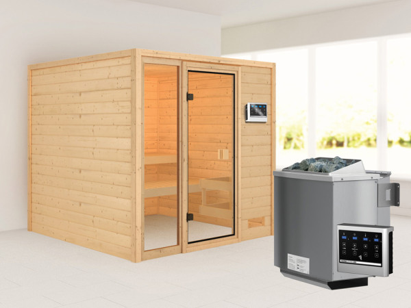 Sauna Jutta met gebronsde glazen deur + 9 kW Bio-Combi-kachel ext. besturing